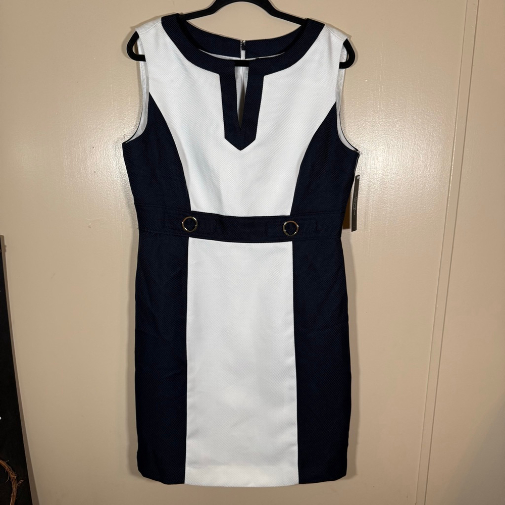 Tahari Arthur Levine Sleeveless Sheath Career Dress White Navy Colorblock 14
